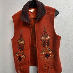 Orange and brown wool blend vest with a Southwestern vibe for ladies